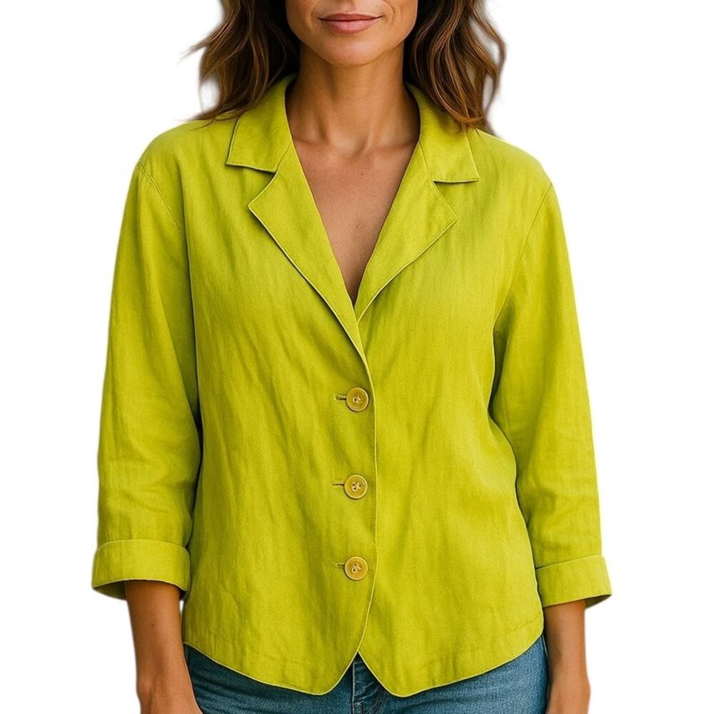 Newport News Women’s 18W Button Front Shirt Lime Green Linen Blend 3/4 Sleeve